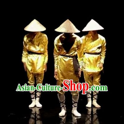 Awesome Chinese Dance Group Dancing Strawhats Costumes and Strawhat Complete Set for Men