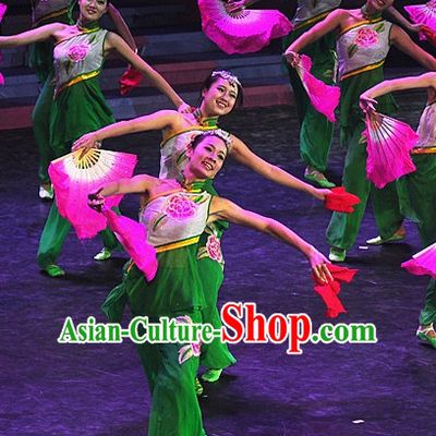 Beautiful Chinese Fan Dance Costumes and Hair Jewelry Complete Set for Women