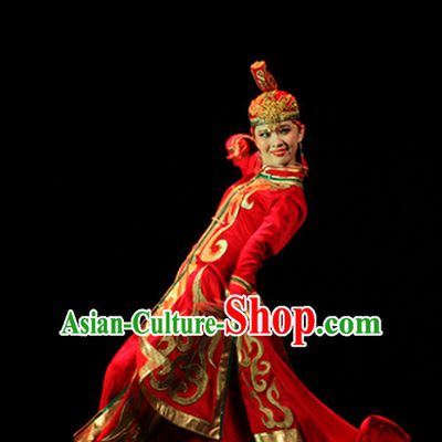Beautiful Chinese Mongolian Dance Costumes and Hat Complete Set for Women