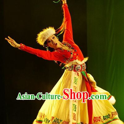 Traditional Chinese Folk Tibetan Dance Costumes and Hat Complete Set for Women