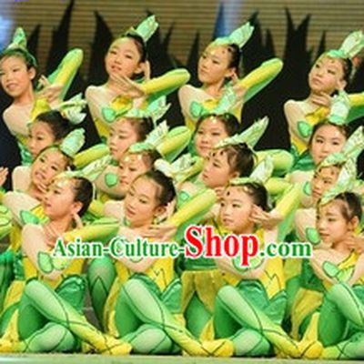 Chinese Green Leaf Dance Costumes and Headwear Complete Set