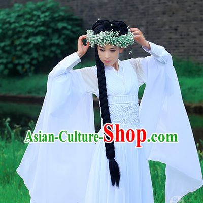 Chinese Traditional White Fairy Han Fu Clothes and Hair Decorations Complete Set
