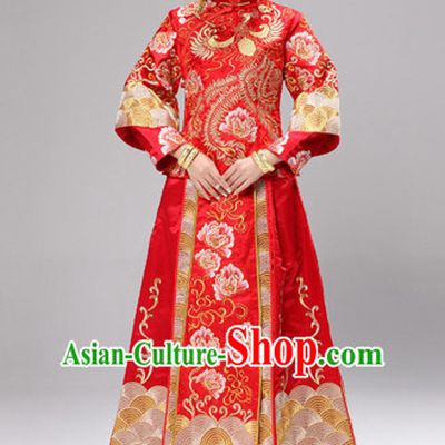Traditional Chinese Ceremonial Wedding Dresses and Hair Accessories Complete Set for Brides