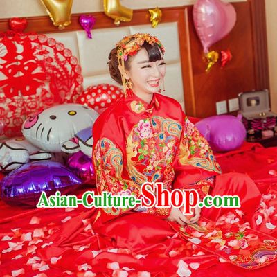 Phoenix Embroidery Chinese Ceremonial Wedding Dresses and Hair Accessories Complete Set for Brides