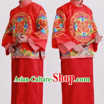 Dragon Embroidered Chinese Fashion Bridal Dresses Outfits Complete Set for Bridegrooms