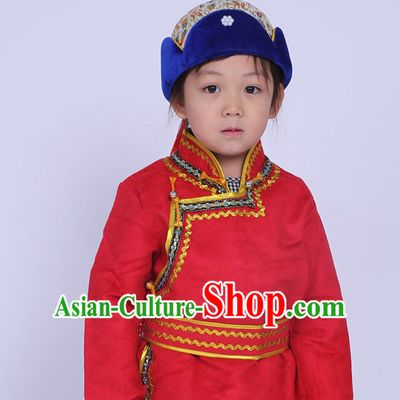 Traditional Chinese Photo Costume Mongolian Long Robe and Hat Complete Set for Children
