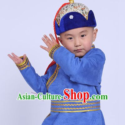 Traditional Chinese Photo Costume Mongolian Long Robe and Hat Complete Set for Children