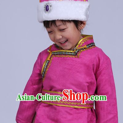 Traditional Chinese Photo Costume Mongolian Long Robe and Hat Complete Set for Children
