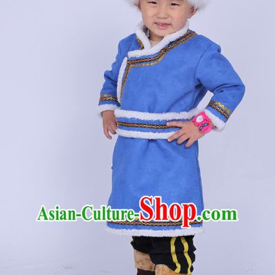 Traditional Chinese Photo Costume Mongolian Long Robe and Hat Complete Set for Boys