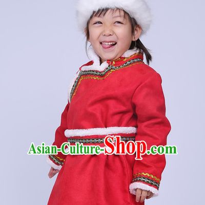 Traditional Chinese Mongolian Long Robe and Hat Complete Set for Girls