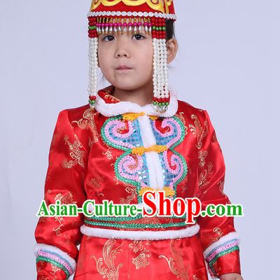 Traditional Chinese Mongolian Long Robe and Hat Complete Set Kids