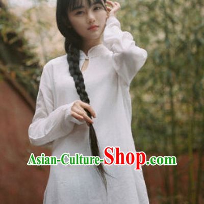 Chinese Traditional White Mandarin Long Jacket for Women