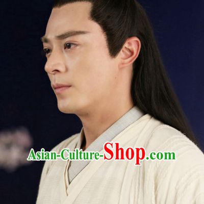 Handmade Chinese Guzhuang Long Black Wigs and Hair Accessories for Men