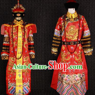 Ancient Chinese Princess Wedding Dress and Hat 2 Complete Sets for Men and Women