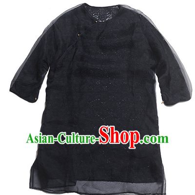 Black Silk Chinese Traditional Short Sleeves Mandarin Blouse for Women