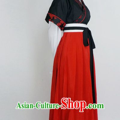 Red Black Ancient Chinese Han Fu Suit and Hair Accessories Complete Set
