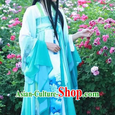 Blue White Ancient Chinese Poetess Costume Complete Set for Women