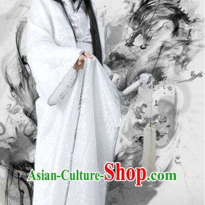 Pure White Traditional Chinese Swordsman Costumes and Long Wigs Complete Set for Men