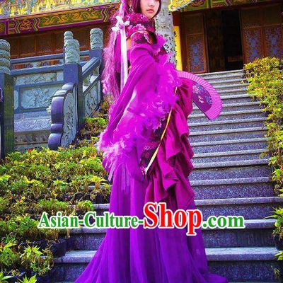 Purple Traditional Chinese Noblewoman Costumes and Long Wigs Complete Set for Women