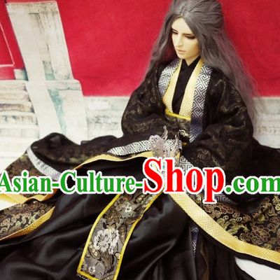 Black Traditional Chinese Swordsman Costumes and Long Wigs Complete Set for Men