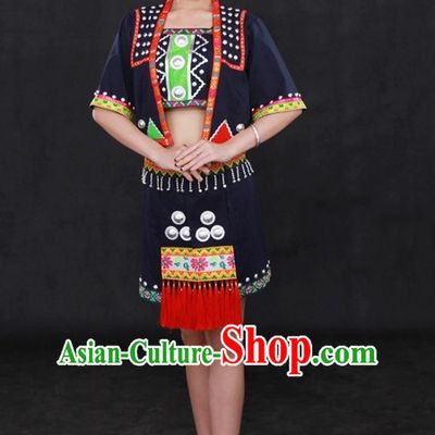 Traditional Chinese Ethnic Minority Wa People Clothing and Hat Complete Set for Women