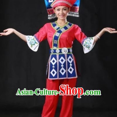 Traditional Chinese Ethnic Zhuang People Folk Clothes and Hat Complete Set for Women