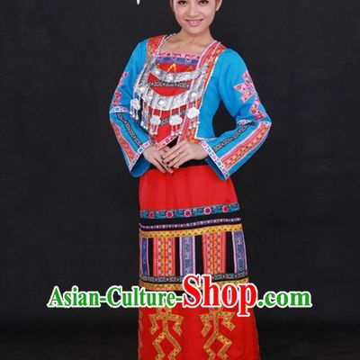 Traditional Chinese Ethnic Li Nationality People Folk Dresses and Hat Complete Set for Women