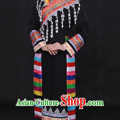 Traditional Chinese Ethnic Lahu Nationality People Folk Dresses and Hat Complete Set for Women
