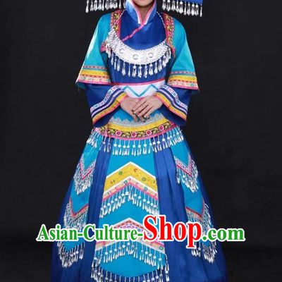 Traditional Chinese Ethnic Zhuang Nationality People Folk Dresses and Hat Complete Set for Women