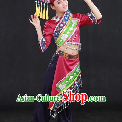 Traditional Chinese Ethnic Zhuang Nationality People Folk Dresses and Hat Complete Set for Women