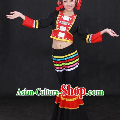 Traditional Chinese Ethnic Achang Nationality People Folk Dresses and Hat Complete Set for Women