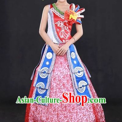 Traditional Chinese Zhuang People Folk Dresses and Hat Complete Set for Women