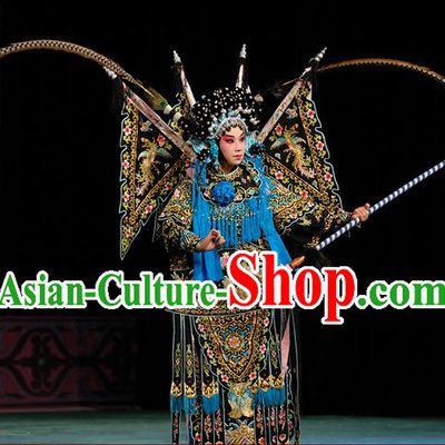 Black Chinese Traditonal Beijing Opera Wu Tan Costumes and Helmet Complete Set