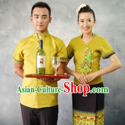 Traditional Thailand Customs Restaurant Waiter and Waitress Male and Female Clothes 2 Sets