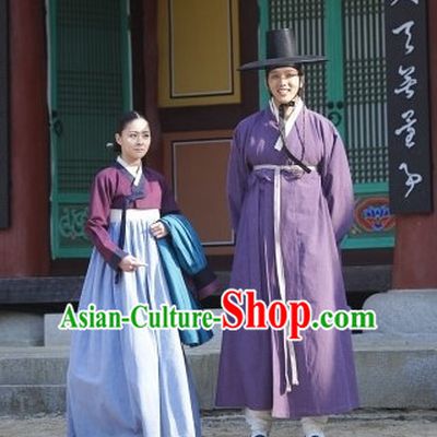 Ancient Korean Husband and Wife Costume and Hat 2 Complete Sets