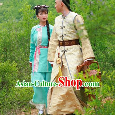 Green Blue Qing Dynasty Mandarin Clothes and Hair Jewelry Complete Set for Women