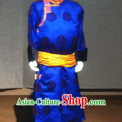 Blue Mongolian Long Robe and Hat for Men