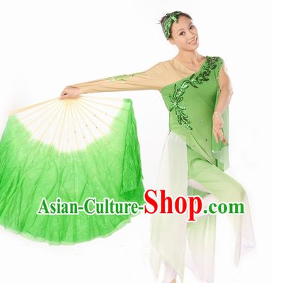 Green White Pure Silk Dancing Fan