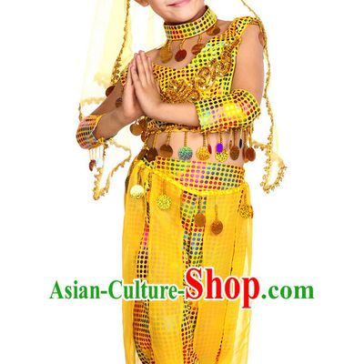Yellow Xinjiang Dance Costumes and Veil for Kids