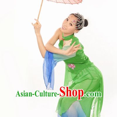 Green Lotus Dance Costume Dance Dresses and Hair Jewelry Complete Set for Women