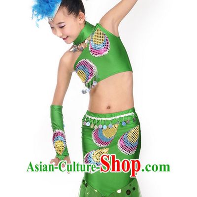 Green Yunnan Peacock Dance Costume and Headwear for Kids
