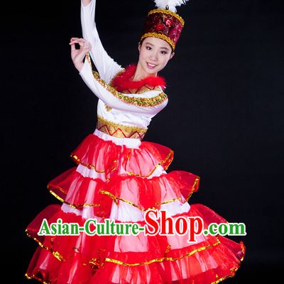 China Stage Ethnic Xinjiang Dance Costume and Headpiece for Girls