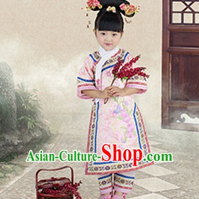 Qing Dynasty Kids Princess Clothes and Headwear Complete Set