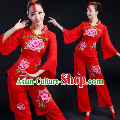 Chinese New Yer Gala Folk Fan Dance Costume and Head Pieces Compelte Set