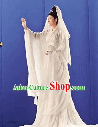 Chinese White Fairytale Guanyin Costume and Headear Complete Set Chinese White Fairytale Guanyin Costume and Headear Complete Set