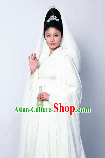 Chinese White Fairytale Guanyin Costume and Headear Complete Set Chinese White Fairytale Guanyin Costume and Headear Complete Set