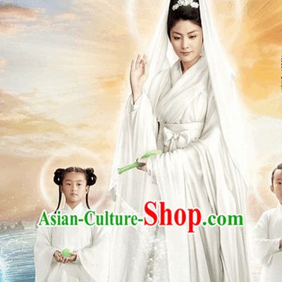 Chinese White Fairytale Guanyin Costume and Head Jewelry Complete Set