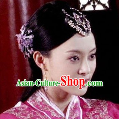 Chinese Qing Dynasty Female Black Long Wigs and Hair Ornaments
