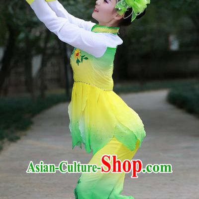 Chinese Made to Order Folk Green Dance Costume and Headpieces Complete Set for Women