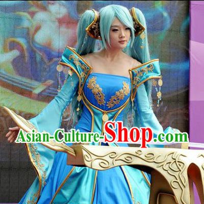 Ancient Chinese Fairy Blue Halloween Costumes and Hair Accessories